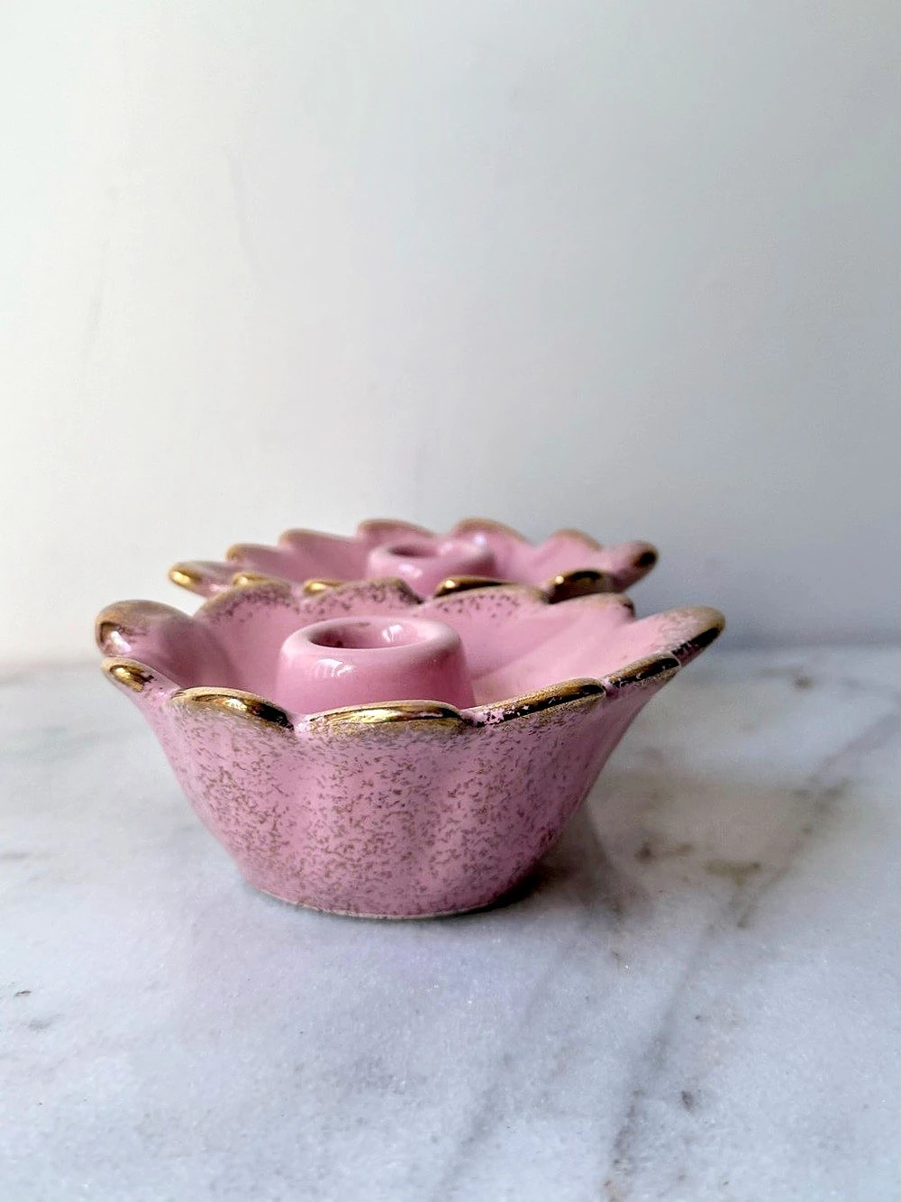 Vintage Mid-Century Pink & Gold Leaf Candle Holders - Set of 2 California Potter